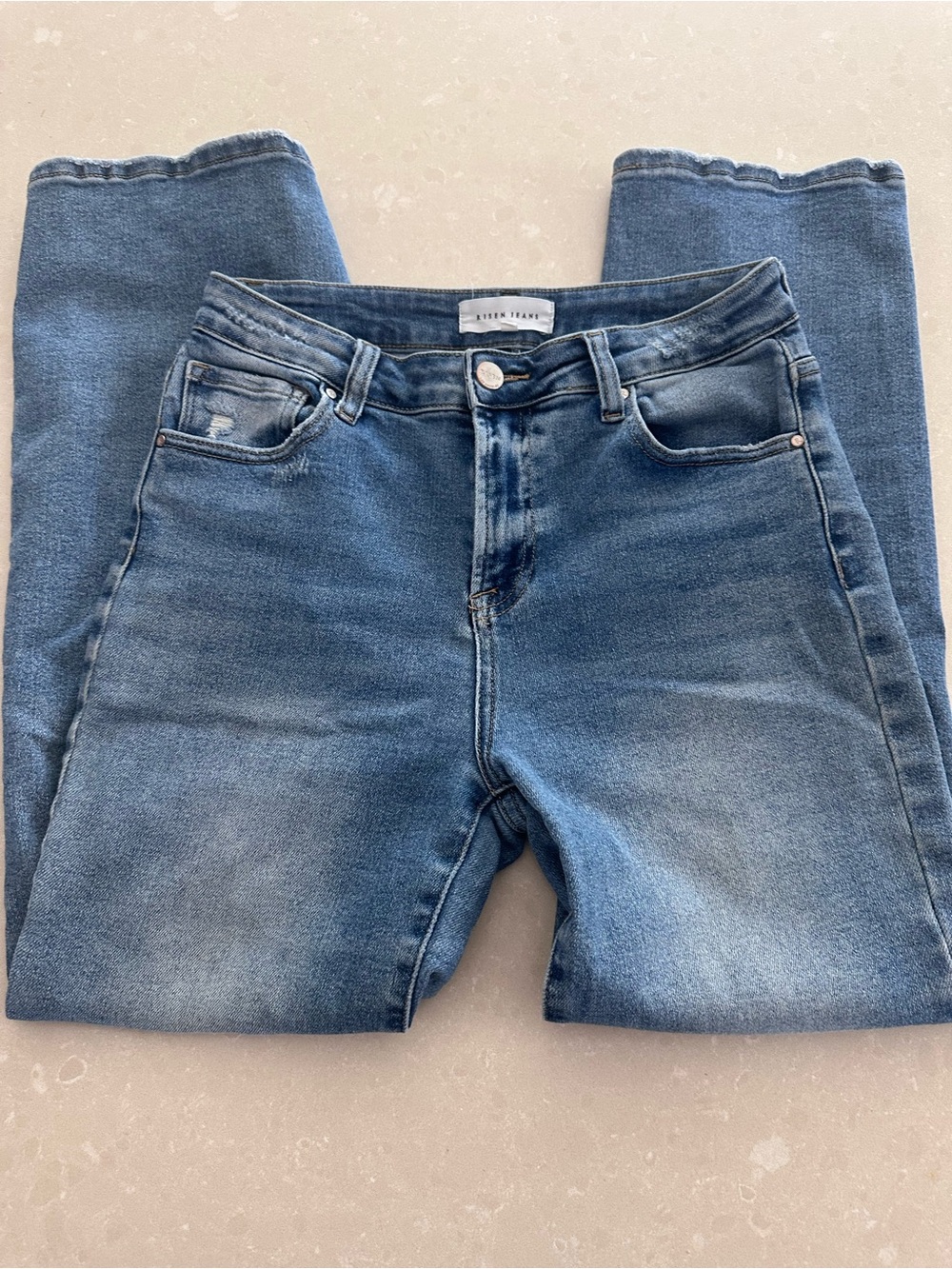 Risen Frayed Hem Ankle High Rise Straight Leg Jeans in Medium Blue size 29